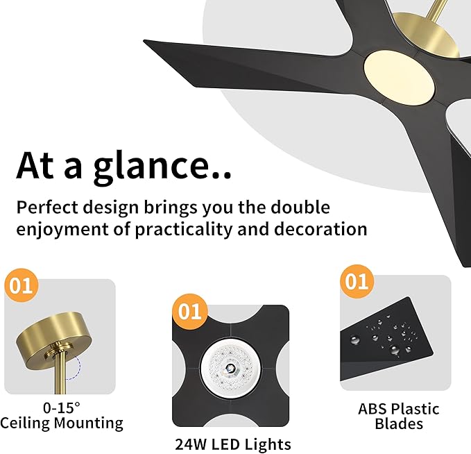 WINGBO 64" Wet Rated Outdoor Ceiling Fan with Lights, 4 ABS Plastic Blades, Reversible DC Motor, 6-Speed Remote Control, 3 CCT, Waterproof Ceiling Fan for Patio Porch Gazebo Garage, Brass and Black