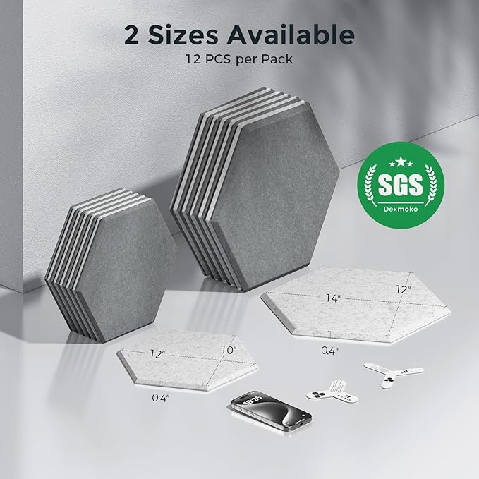 Self-Adhesive Acoustic Panels [390 lbs/yd³ Ultra-High Density], 2nd Generation Sound Absorbing Panel, Professional Level Sound Panel, Polyester Soundproof Foam [Size L, MoonGrey & SilverGrey]