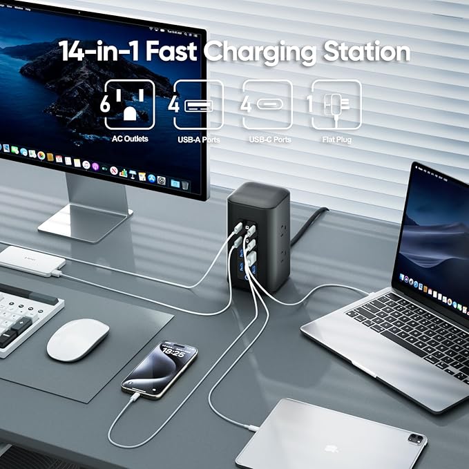 TenTrend Power Strip Tower (230W), 14-in-1 USB-C Charging Station Tower with 2000J Surge Protection, 5FT Extension Cord with 6 AC Outlets & 8 USB Ports for Home Office Dorm Essentials