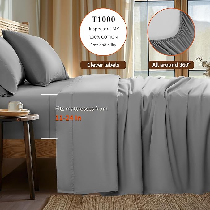 LBRO2M 100% Cotton Sheets Set Deep Pocket 24", 1000 Thread Count Queen Size 4 Piece Bed Sheet Sets Soft Comfortable Bedding All Season (Queen, Gray)