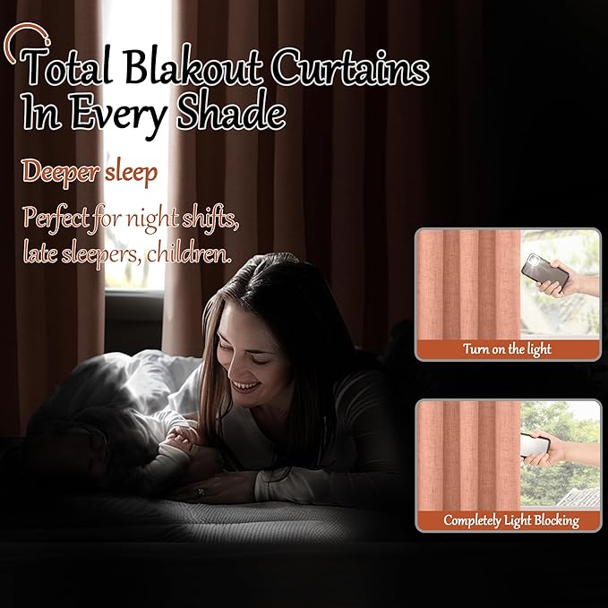 100% Linen Blackout Curtains for Bedroom Living Room 45 Inch Long 2 Panels, Thermal Insulated Light Blocking Soundproof Curtains, Noise Reducing Window Drapes 52x45 Inch 2 Panels, Terracotta