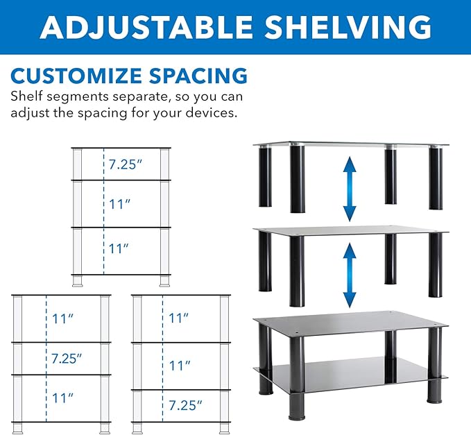 Mount-It! Tempered Glass AV Component Media Stand, Audio Tower and Media Center with 4 Shelves, 88 Lbs Capacity, Black Silk (MI-8670)
