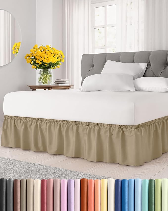 Wrap Around Dust Ruffle Bed Skirt - Beige - for Queen Size Beds with 12 Inch Drop - Easy Fit Elastic Strap - Adjustable Pleated Bedskirt w/Brushed Fabric - Wrinkle Free - for Women, Men, Kids & Teens