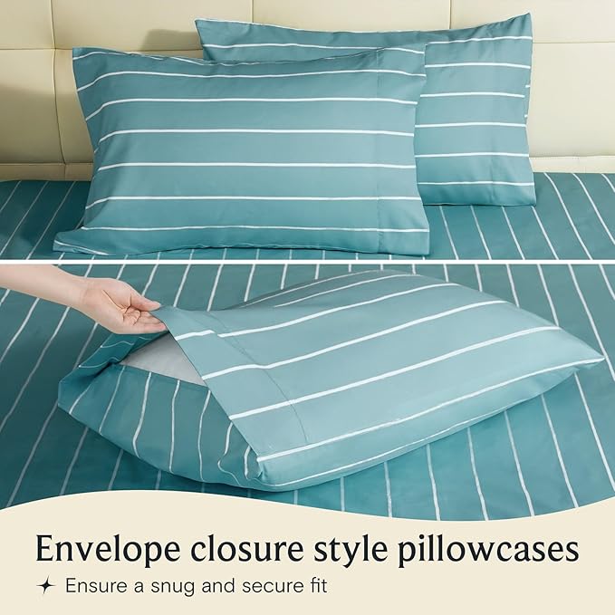 LuxClub 4 PC Queen Sheet Set, Deep Pockets Wrinkle Free Cooling Bed Sheets Hotel Bedding for Women, Men, Includes 1 Fitted Sheet, 1 Flat Sheet and 2 Pillowcases-Striped - Light Blue