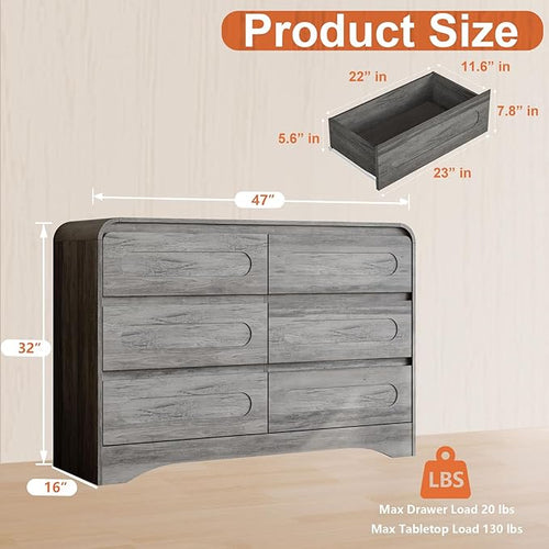 4 Pcs Bedroom Set, Dresser and Nightstand Sets, Modern Wooden Tall 6 Drawer Dressers, Wide 6 Drawers Dresser & Night Stand Set of 2 for Bedroom, Grey
