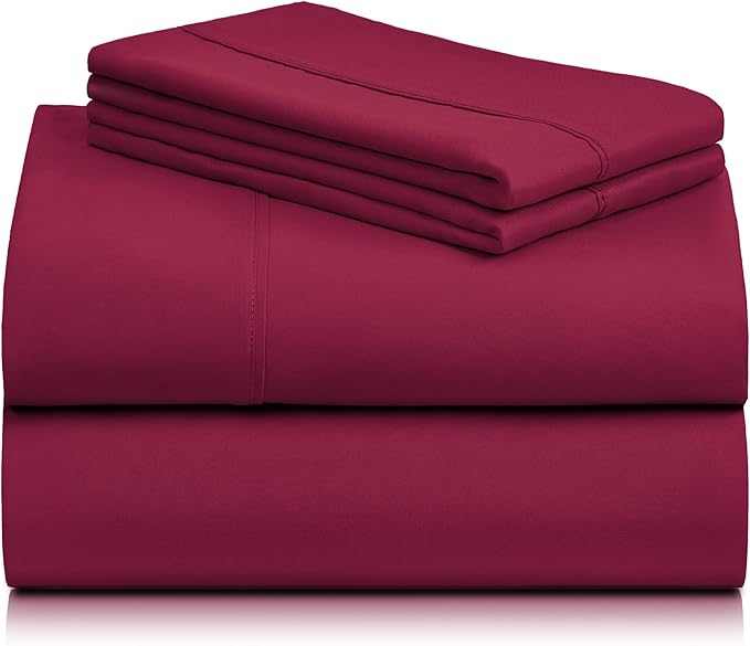 LuxClub 4 PC Queen Sheet Set, Deep Pockets Wrinkle Free Cooling Bed Sheets Hotel Bedding for Women, Men, Includes 1 Fitted Sheet, 1 Flat Sheet and 2 Pillowcases-Burgundy