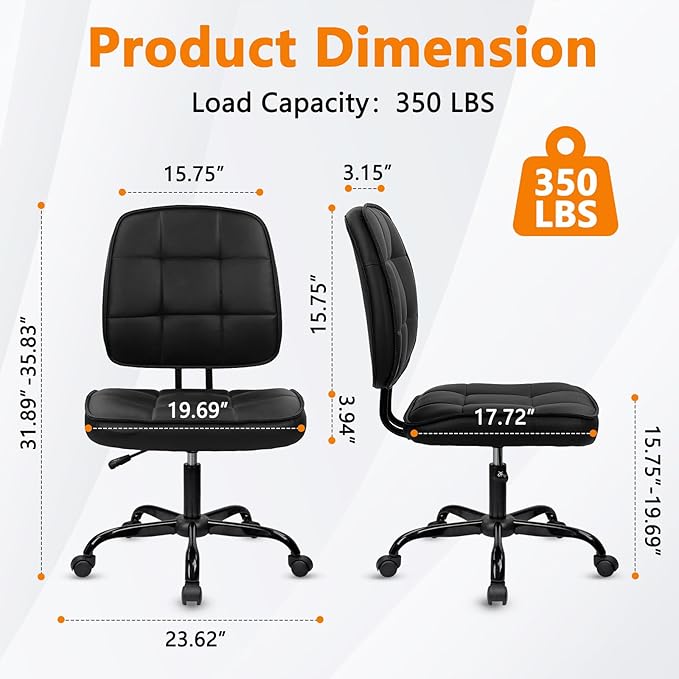 CLATINA Armless Home Office Chair with Lumbar Support and Wheels, Small PU Leather Ergonomic Low Back Desk Chairs No Arms, Adjustable Height 360° Swivel Rolling Computer Task Chair, Black, 4 Pack