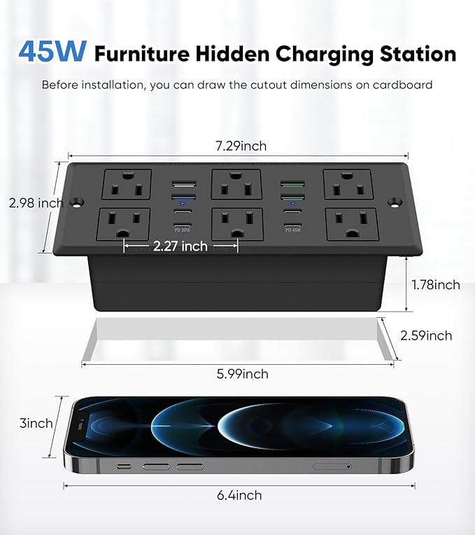 Recessed Power Strip with 45W USB C, Furniture Desk Flush Mount Outlet, Ultra Thin Flat Plug Power Strip, 6 Outlets & 8 USB Ports, 10FT Cord (Black)
