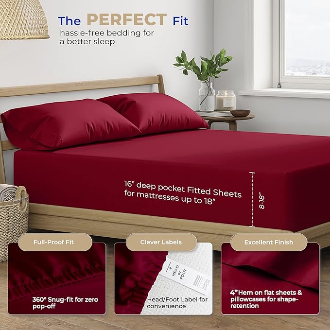 THREAD SPREAD 100% Cotton Bed Sheets Full Sheet Set - 400 Thread Count Sheets Full Size 4 PC Set (Burgundy), Soft, Cooling, Hotel-Quality 16" Deep Pocket Sateen Cotton Bedsheet for Hot Sleepers