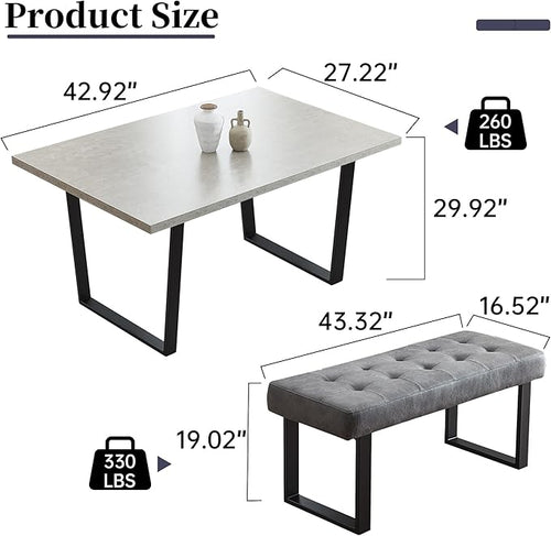 3 Piece Dining Table Set with Bench, 42.9 Inch Modern Kitchen Table with Right Seat Corner and 43.3 Inch Bench for Family Dining Room Furniture