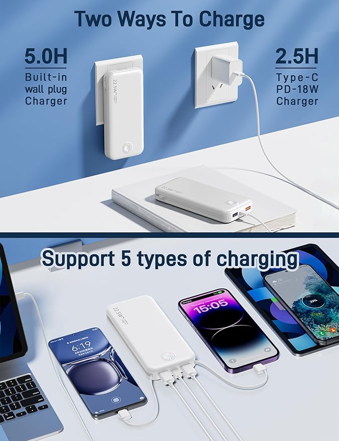 Nusyddy Portable Charger, 12000mAh 22.5W Fast Charging Power Bank with Built-in Cables & Wall Plug, Travel Essentials External Battery Pack, USB C Battery Phone Charger for iPhone, iPad, Samsung White