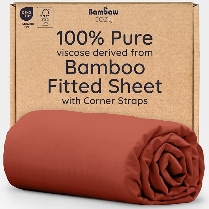 Bambaw Queen Size Fitted Sheet Only, 100% Viscose Derived from Bamboo Fitted Sheet Queen Size, 16’’ Deep Pocket, Breathable & Cooling (Terracotta)