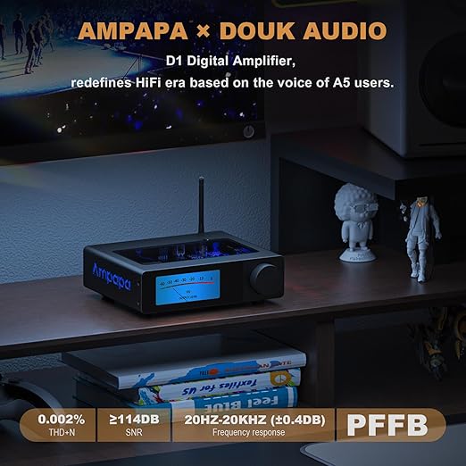 Ampapa 2 Channel Bluetooth Amp: HiFi 300W x2 Stereo Amplifier with BT 5.2 | HPF | Digital VU Meter | SUB Pre-Out | TRS Balanced Input | Tone Control & Remote for Home Theater Bookshelf Speakers (D1)