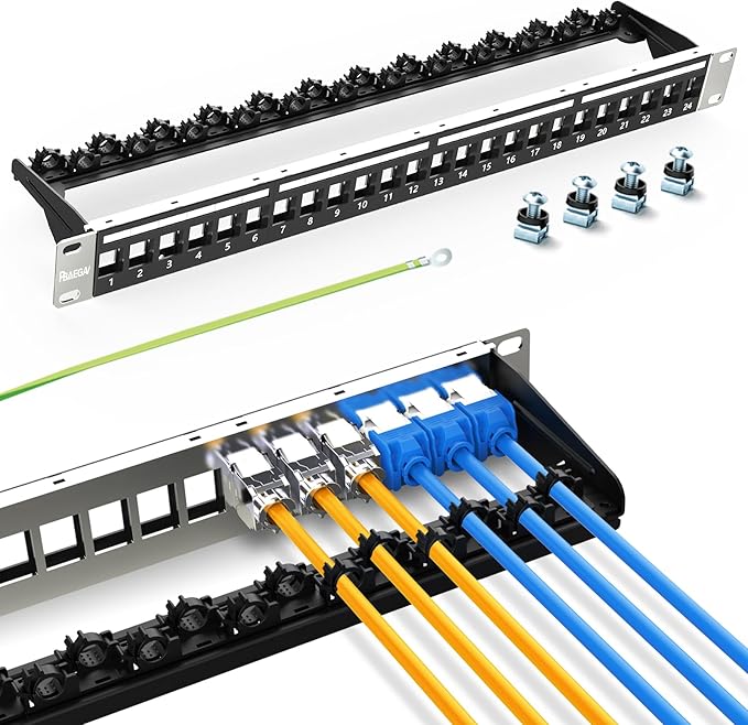 PBAEGAV 24 Port Patch Panel Blank UTP/STP 1U 19“ Keystone Patch Panel with Cable Management and Support Bar Compatible with LC/SC/ST/FC/USB/HDMI Keystone Jack(24 Port)