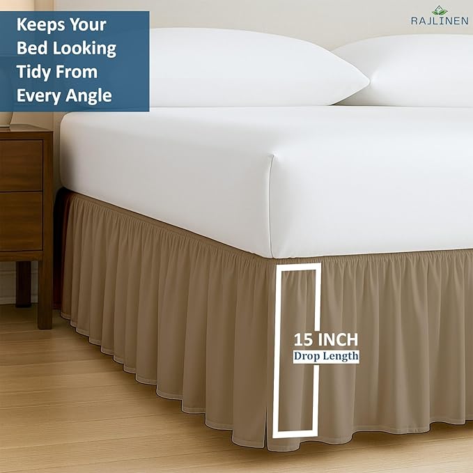 Rajlinen Ruffled Bed Skirt King, 15 Inch Drop Dust Ruffle with Split Corners, 100% Microfiber Bedskirt with Platform, Three-Sided Coverage Ruffled Gathering Design, Taupe