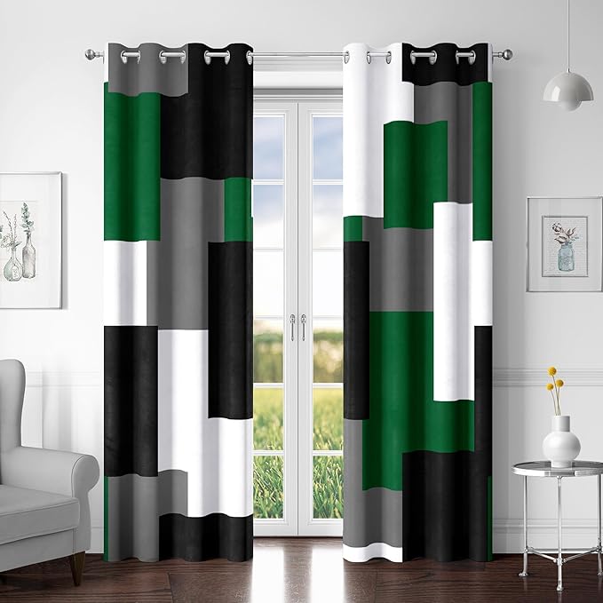 Green Blackout Curtains for Bedroom 84 inch Long 2 Panels Set Christmas Green Grey Modern Abstract Geometric Black Out Curtains Insulated Room Darkening Window Drapes for Living Room, 52Wx84L