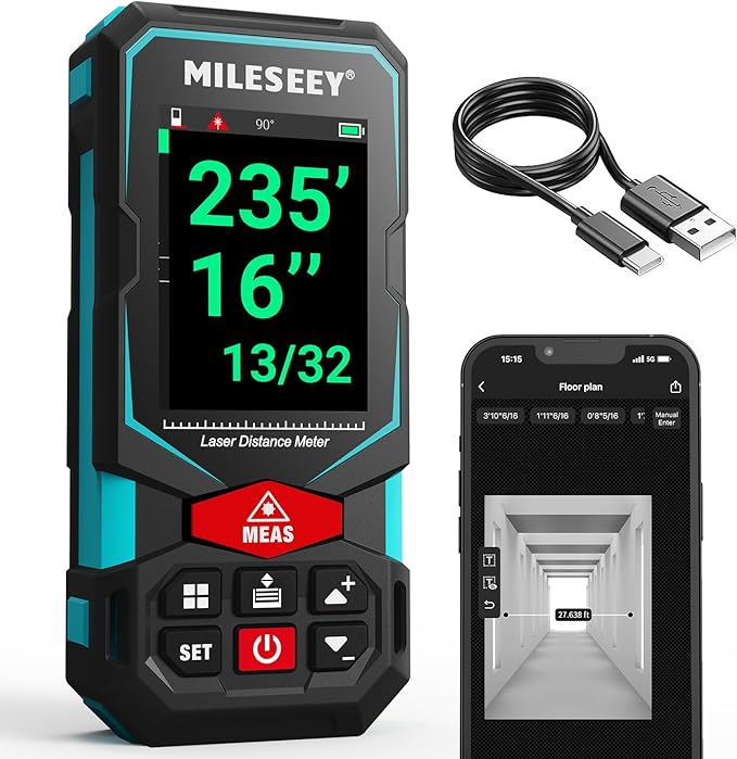 Laser Measurement Tool, MiLESEEY 330Ft Multifunctional Laser Measure with 2.4" Color Backlit Display, Rechargeable Laser Distance Meter with Angle Sensor, m/cm/mm/in/ft+in Measurement Unit