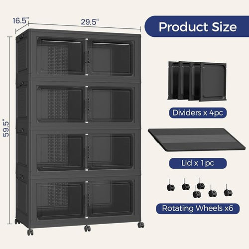 640 QT Extra Large Stackable Storage Bins with Lid, 160 Gal Collapsible Storage Box with Wheels, Folding Closet Organizers and Storage Cabinet with Doors for Home, Kitchen, Office, 4Pack Black