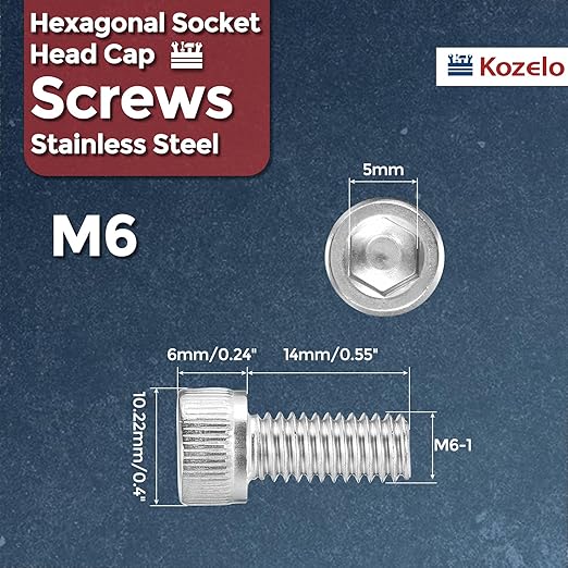Kozelo 25pcs Socket Head Cap Screws - [M6-1 x 14mm] 304 Stainless Steel Allen Socket Drive for Electrical Motor 3D Printing Fan Engine Replacement Use, Silver