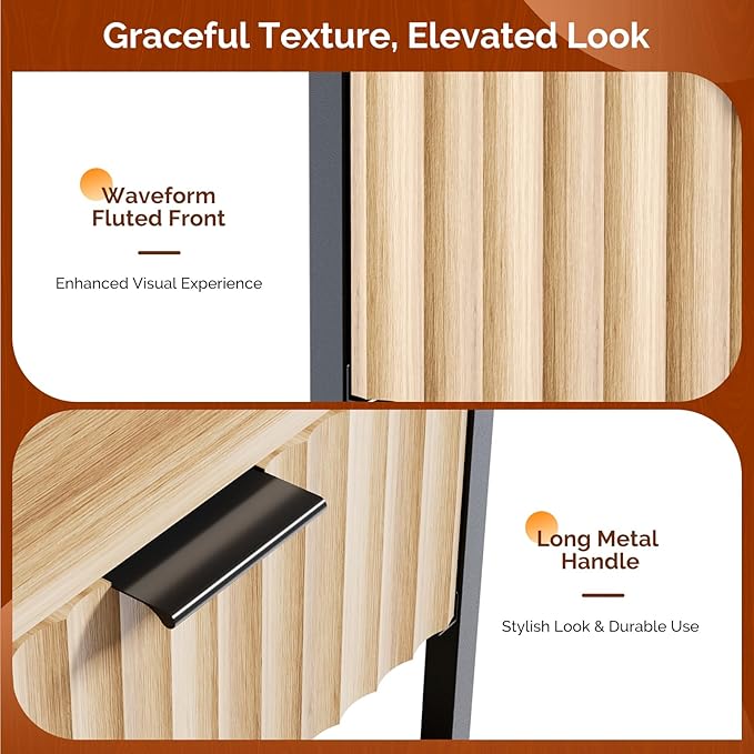 VINGLI Nightstands Set of 2 Fluted Nightstand with Charging Station, Oak Night Stand Set 2 Bed Side Tables, End Tales Bedroom with Charger Station and Fabric Drawer, 14.96" W*11.81" D*23.7" H