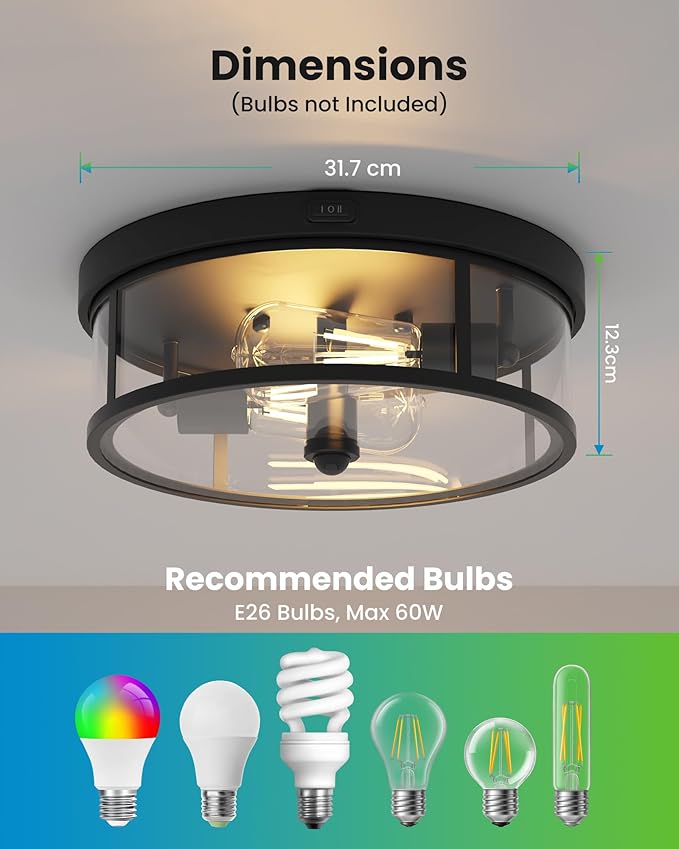 Craftersmark Outdoor Flush Mount Ceiling Light - 12.5in Motion Sensor Porch Light, 2-Light E26 Socket, Durable Iron & Clear Glass, Light Fixtures for Porch, Driveway, Covered Patio, Farmhouse