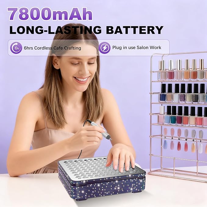 Nail Dust Collector | 1000PA Nail Fan Dust Collector | 10 Speed Levels | Low Noise & Strong Suction | Reusable Filter, 10 Pads + Nail Dust Brush | for Acrylic Nails, Salon & Home -Purple Diamond