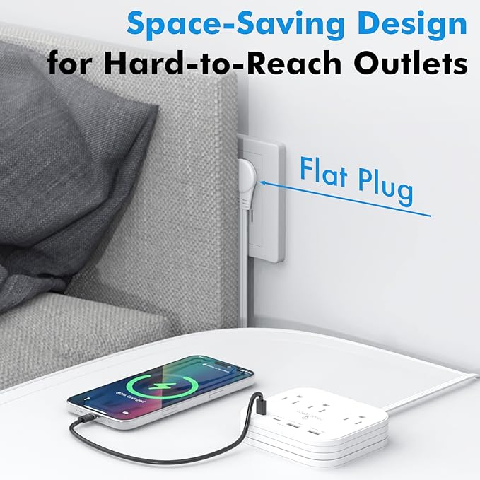 TRAVEL DEPOT Cruise Essentials Flat Plug Power Strip, Durable 5 ft Extension Cord w/ 3 Outlets Extender & Built-In Type C Cable, 2 USB & 2 USB-C Ports, No Surge Protector for Cruise Travel, Dorm, Home