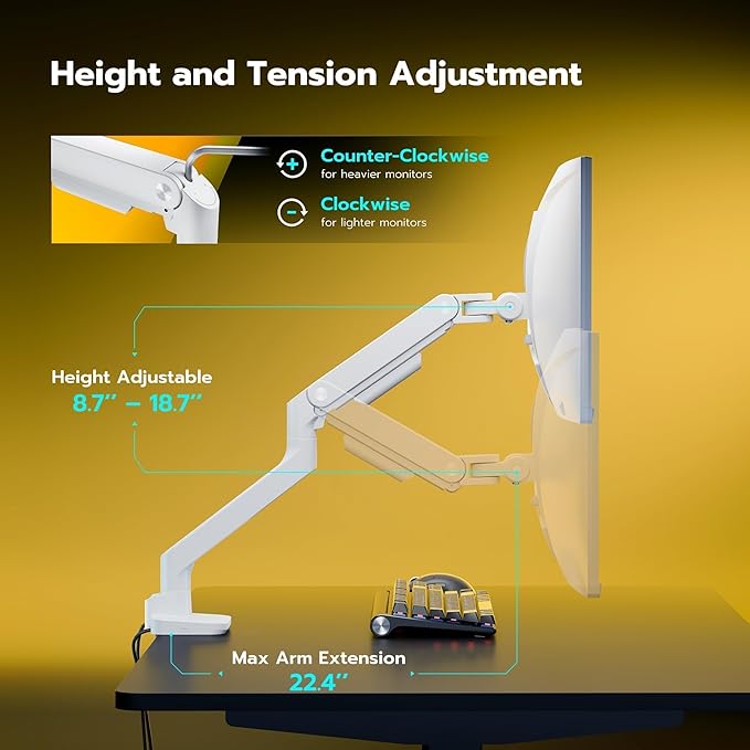 ARES WING Ultrawide Monitor Arms White with USB A/C, Heavy Duty Monitor Arm for 17 to 49 inch Screen, Holds 44 lbs, Adjustable Gas Spring Desk Mount with Clamp and Grommet Base