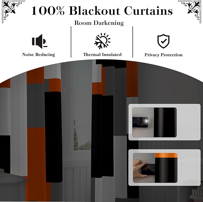Orange 100% Blackout Curtains for Bedroom 108 inch Extra Long 2 Panels Set Black White Grey Modern Abstract Geometric Black Out Curtains Room Darkening Window Drapes for Living Room, 52Wx108L