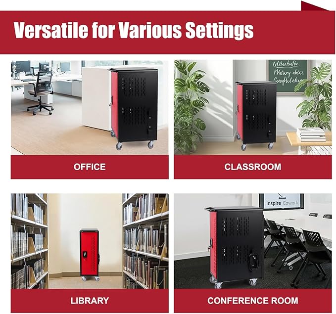 VOOTOLOVER 16 Bay Mobile School Charging Cart Station, Black Cart for Chromebook/Tablet/Laptop, with Power Strip, Lockable Doors, 2 Locking Casters & Ventilated Panels, 20" W×12.23" D×34.06" H