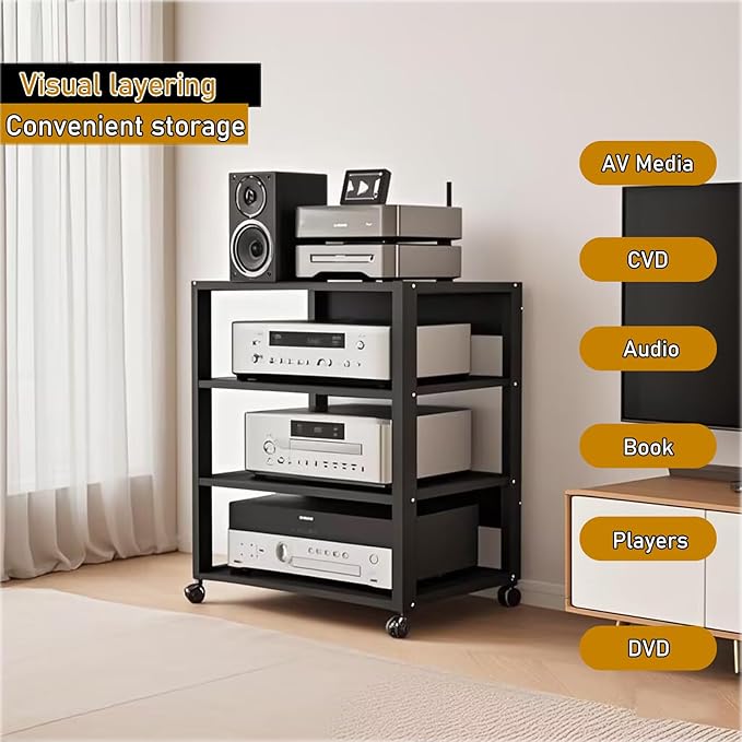 Dernoing 4 Tier Audio Rack Tower, CD Record Player Stereo Receiver AV Equipment Cabinet Display Rack, Weight Capacity 661 lbs, with Adjustable Wooden Shelves for Home (4 Tier Black)