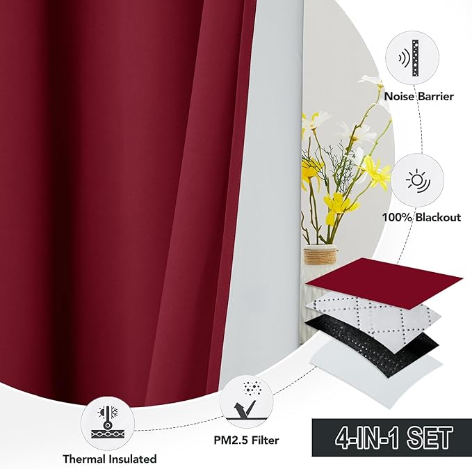 RYB HOME 4-in-1 Dust Filtering Soundproof Blackout Insulating Privacy Window Curtains for Nursery Bedroom Living Room Rivider Sound Absorption Sheet, Burgyndy Red, W52 x L95 inch, 2 Panels