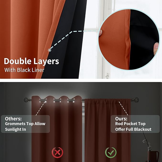 BGment Terracotta 100% Blackout Curtains for Bedroom, Fall Full Room Darkening Noise Reducing Living Room Curtains 72 Inch Length, Thermal Insulated Rod Pocket Window Drapes 2 Panels, 42 Inch Wide