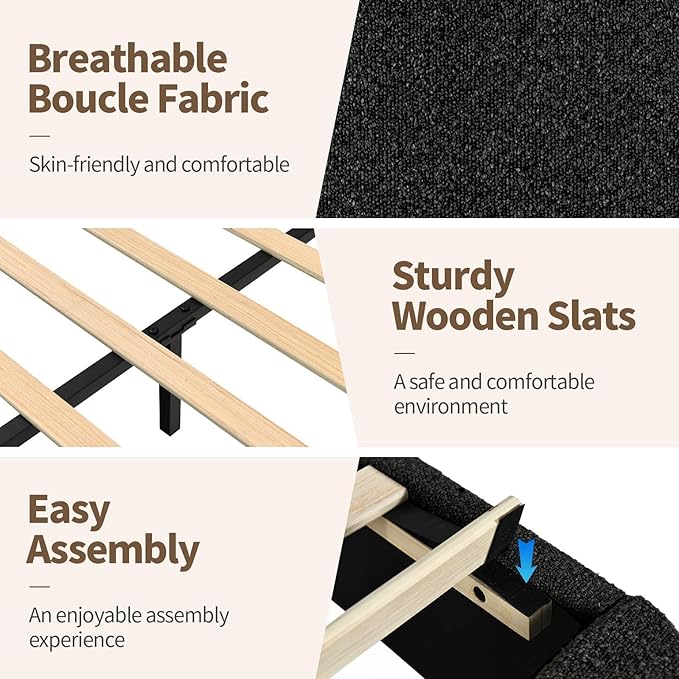 BarnFurin Full Size Bed Frame, Boucle Upholstered Platform Bed Frame with Headboard, Modern Style, Soft Rounded Corners, No Box Spring Required, Easy Assembly, Black