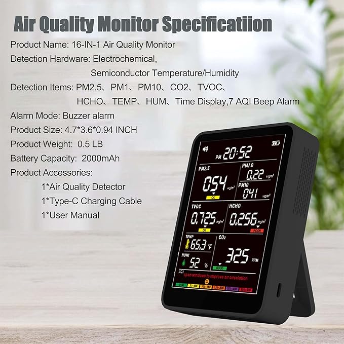 Professional Indoor Air Quality Monitor with AQI Alarms, Portable Real-Time Detector for Home Cars Plants and Pets (Black)