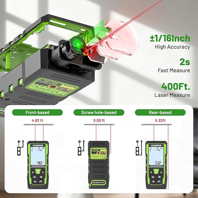 Huepar 3-in-1 Laser Measuring Tool, 400Ft Laser Measure & 33Ft Green Cross Line Laser Level & 6.5Ft Tape Measure, Rechargeable, Voice Broadcast, Multi-Mode, Rugged for Construction &Home Use, SW-T120