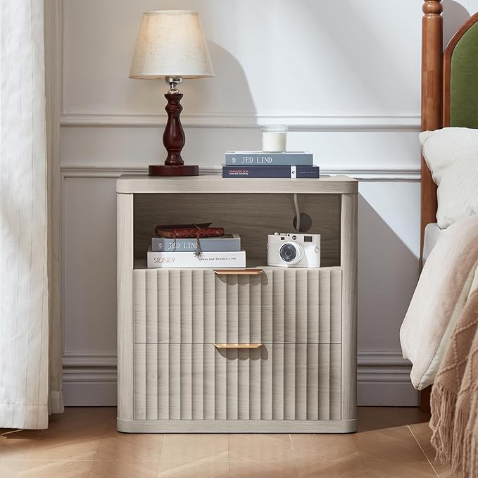 LEYAOYAO Fluted Farmhouse Nightstand Set of 2 with Charging Station, 23" Wide 2 Drawers Night Stand,LightGrey Dresser for Bedroom,Bed Side Table Chest of Drawers,Wood End Table for Living Room