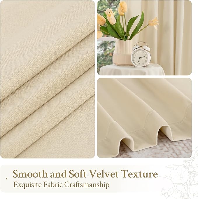 LAMIT Beige Velvet Curtains for Living Room 96 Inches Long, Elegant Thermal Panels Noise Reducing Back Tab and Rod Pocket Drapes for Bedroom/Farmhouse, 2 Panels, 52 x 96 Inch