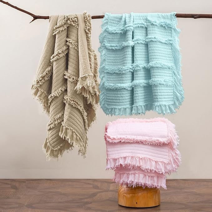 Ultra Soft Pre-Washed Quilted Boho Beige Twin Size Blankets for Bed, Ruffle Fringed Decorative Throw, Stone Washed Chic Rustic Blanket for Sofa Couch Bed, 60"*80"