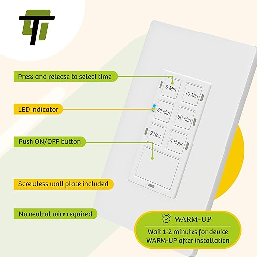 TG 4 Hour Countdown Timer Switch, 5-10-30-60 Min, 2-4 Hour, in Wall Timer Switch for Bathroom Fans, Lights, 120VAC Neutral Wire Required, UL Listed, White, 2 Pack