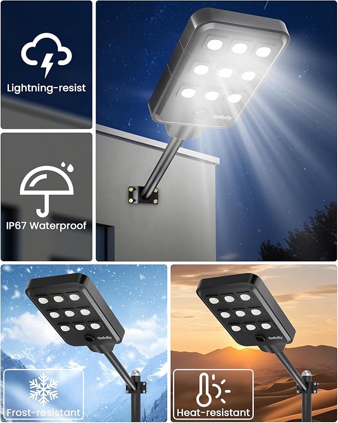 Gefolly G-9000W Solar Street Light Outdoor, Wide Angle Commercial Parking Lot Light Dusk to Dawn 6500K IP67 Flood Security with Motion Sensor Lamp for Yard, Basketball Court