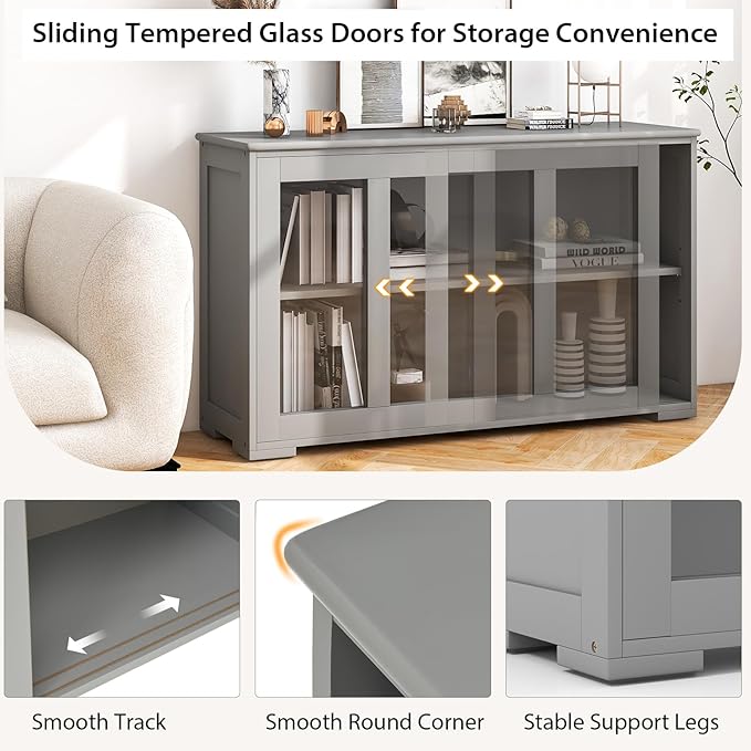 Costzon Sideboard Buffet Cabinet of 2, Wooden Kitchen Storage Cabinet with Adjustable Shelf, Sliding Glass Doors, Accent Coffee Bar Cabinet Console Table for Living Room, Dining Room, Hallway