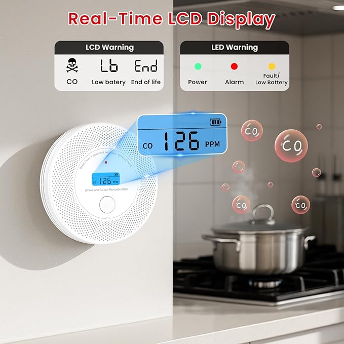 Alertlink 2-in-1 Smoke and Carbon Monoxide Detector Alarm, with Voice Alert,10-Year Battery Fire & CO Alarm with Large LCD Display, Easy Install with Adhesive or Screws