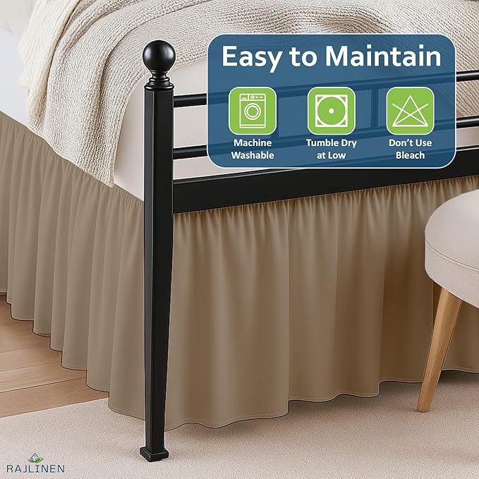 Rajlinen Ruffled Bed Skirt California King, 10 Inch Drop Dust Ruffle with Split Corners, 100% Microfiber Bedskirt with Platform, Three-Sided Coverage Ruffled Gathering Design, Taupe