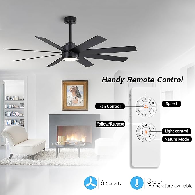 WINGBO 72" Large DC Ceiling Fans with Lights and Remote, 3 Downrods, 8 Plywood Blades, 6-Speeds Reversible DC Motor, 3CCT, Indoor Ceiling Fan for Bedroom Living Room Patio, Black