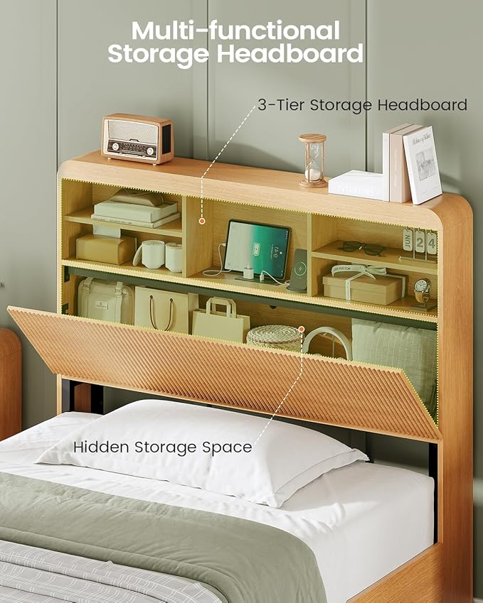 AOGLLATI Twin Bed Frames with 4 Storage Drawers and Hidden Storage Headboard, Wood Led Fluted Twin Bed with Charging Station and Curved Profile Design, No Box Spring Needed, Wood