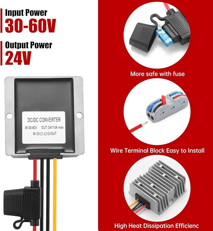 BEYIMEI DC 10A 240W Converter 30-60V Step Down to 24V Converter,dc 36V 48V 60V to 24V Buck Converter Voltage Reducer Regulator Waterproof Transformer for Golf Cart, Solar Panel,Trucks