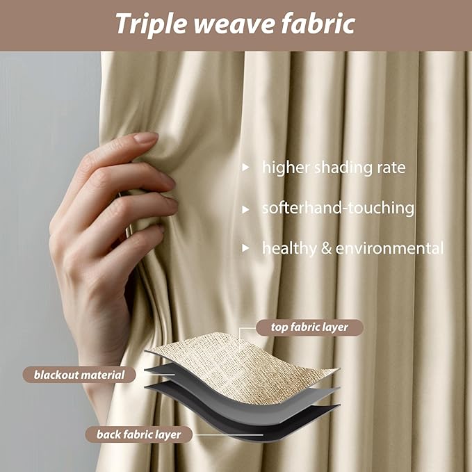 Room Divider Curtains with Ceiling Curtain Track Set Window Curtain for Bedroom,Living Room Total Blackout Thermal Insulated Privacy Ceiling Track Curtain W 15 × H 7 FT Beige drape&Black track