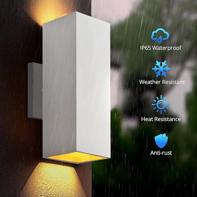 wowlite Modern Porch Lights White 2 Pack, Dust to Dawn Outdoor Light, Waterproof Outdoor Wall Lights Exterior Up and Down Lighting, 13" Square Outdoor Wall Sconce Lights for House Garage Front Door