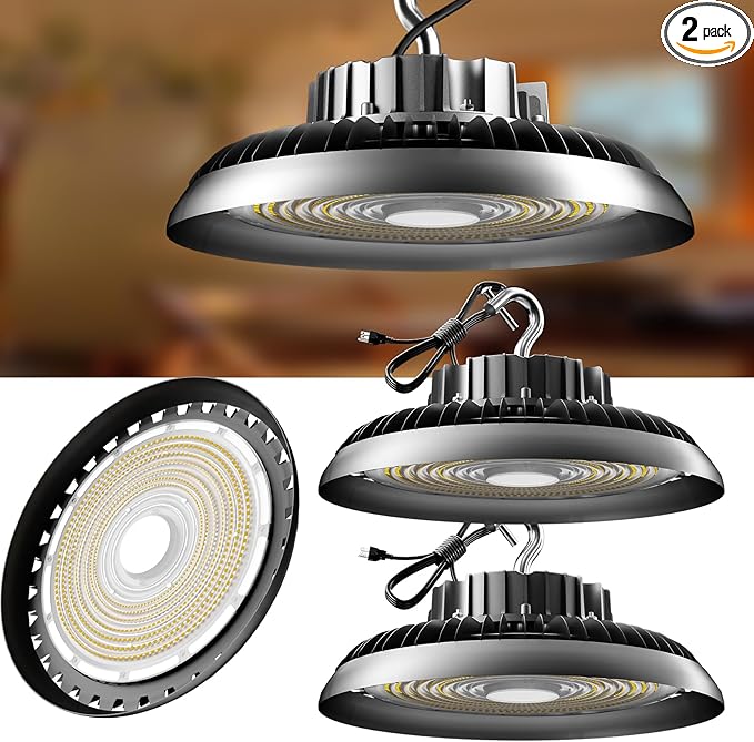 ACOHOOK LED High Bay Light 420W 60000lm 5000K High Bay LED Shop Lights with US Plug, AC100-277V UFO Commercial Bay Lighting for 30-55FT Height -2Pack